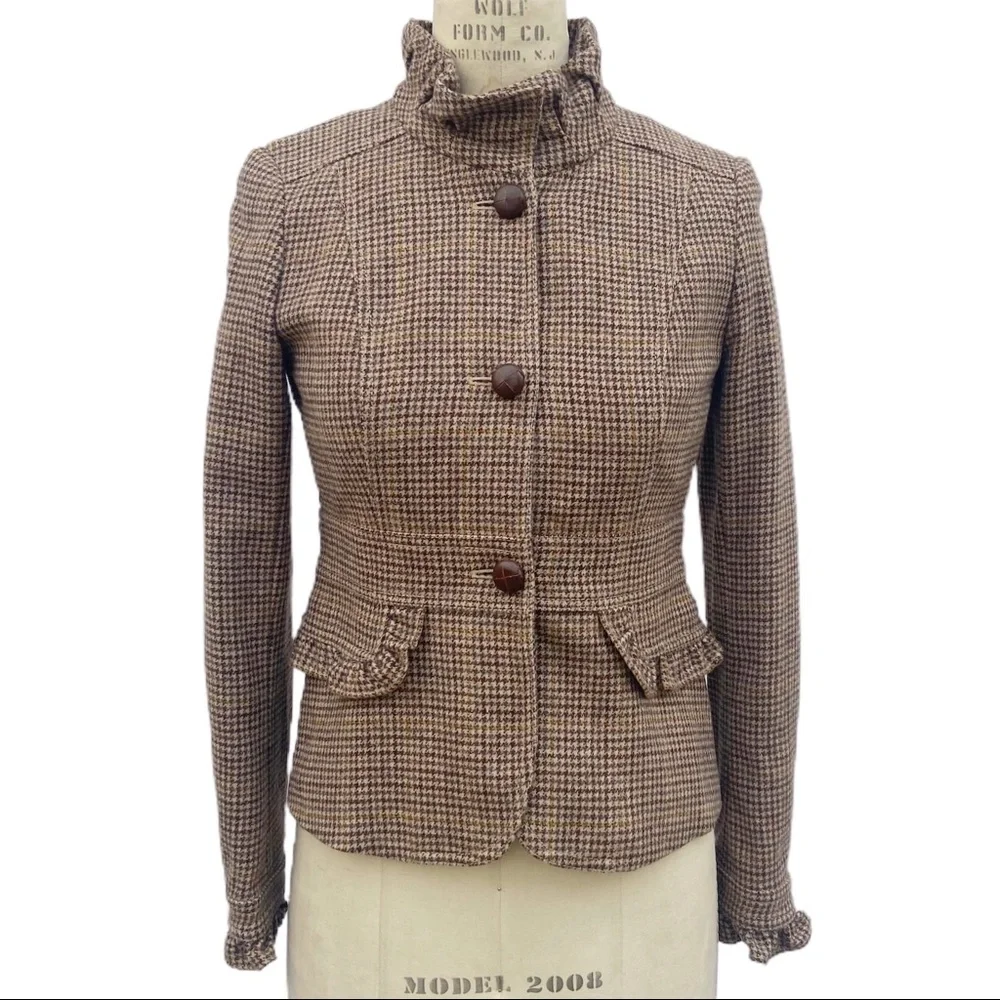 J. Crew Brown Tweed Houndstooth Wool Ruffle Trim Jacket Blazer - Picture 2 of 8
